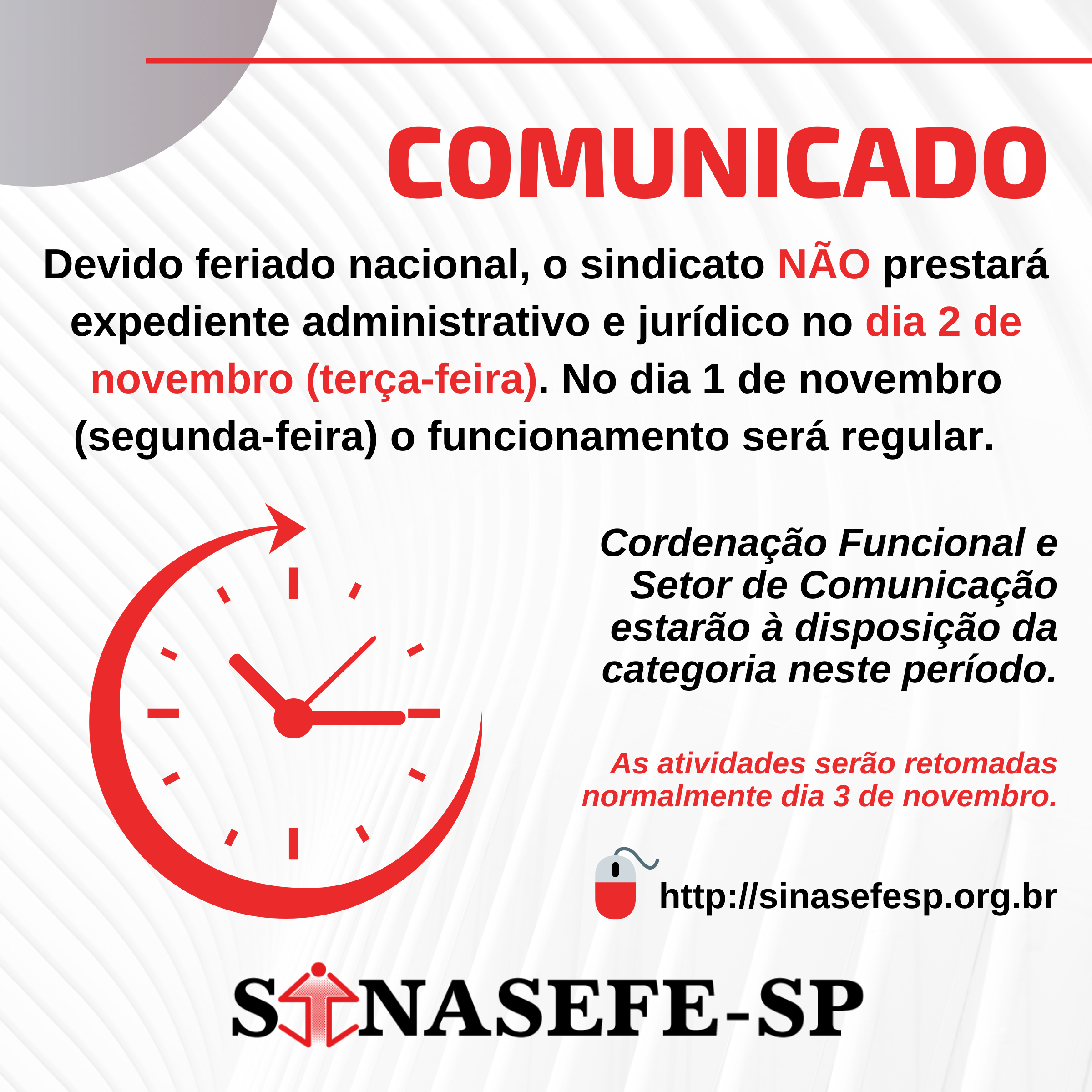 comunicado não haverá expediente administrativo e jurídico dia 2 de